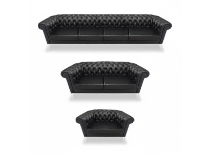 Zwarte Chesterfield lederen set designer 4-zits tweezits fauteuil.