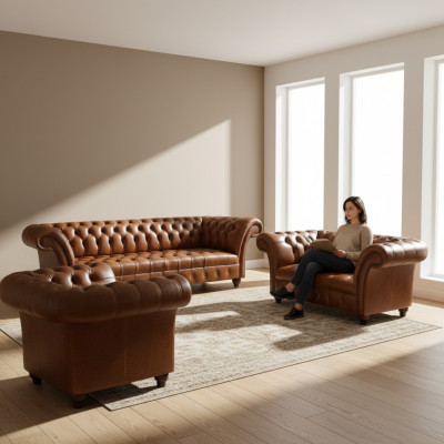 Chesterfield Bruine Lederen Set Exclusieve Banken Designer Fauteuil