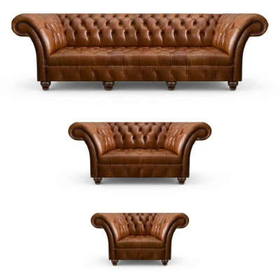 Chesterfield Bruine Lederen Set Exclusieve Banken Designer Fauteuil