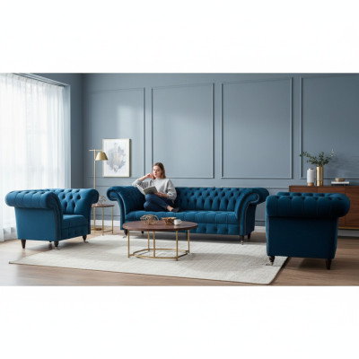 Chesterfield Blauwe Zithoek Moderne Complete Woonkamer Bankstel Set