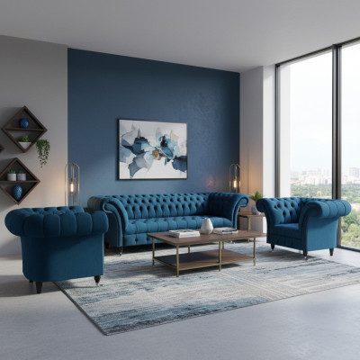 Chesterfield Blauwe Zithoek Moderne Complete Woonkamer Bankstel Set