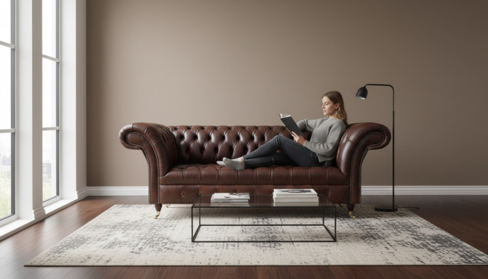 Bruine Chesterfield kunstleren bank designer zithoek woonkamer meubels