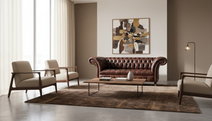 Bruine Chesterfield kunstleren bank designer zithoek woonkamer meubels