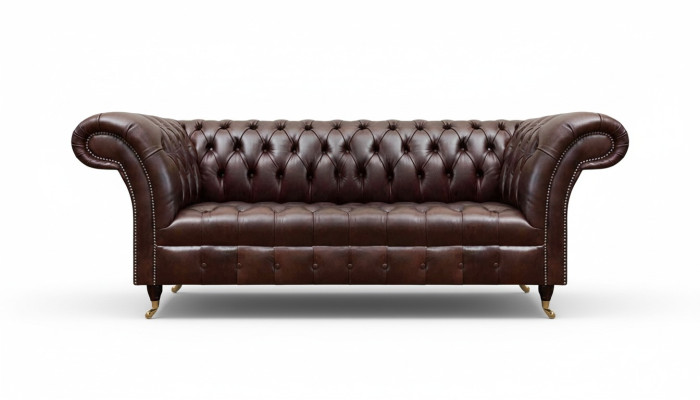 Bruine Chesterfield kunstleren bank designer zithoek woonkamer meubels