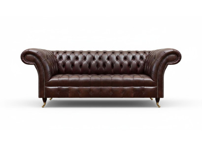 Bruine Chesterfield kunstleren bank designer zithoek woonkamer meubels
