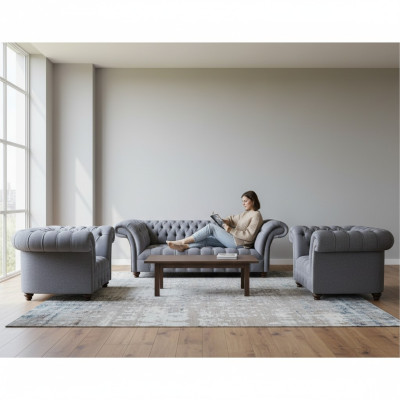Chesterfield lichtgrijze bankstel elegante bekleding driezitter 2x fauteuils