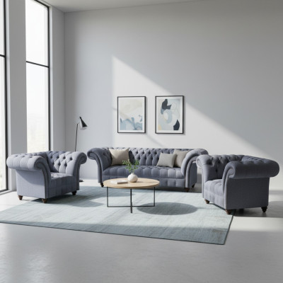 Chesterfield lichtgrijze bankstel elegante bekleding driezitter 2x fauteuils
