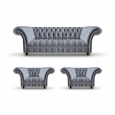 Chesterfield lichtgrijze bankstel elegante bekleding driezitter 2x fauteuils