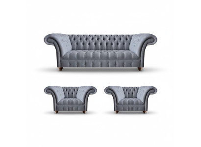 Chesterfield lichtgrijze bankstel elegante bekleding driezitter 2x fauteuils