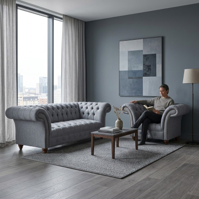 Chesterfield Designer Grijs Gestoffeerd Meubelset Moderne Textielbankstel 2-delig