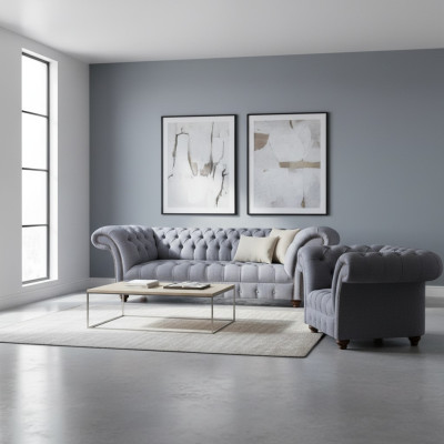 Chesterfield Designer Grijs Gestoffeerd Meubelset Moderne Textielbankstel 2-delig