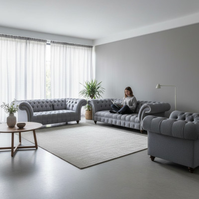 Chesterfield Elegante Stoffzetelset Designer 3-zitsbank 2-zitsbank Fauteuil