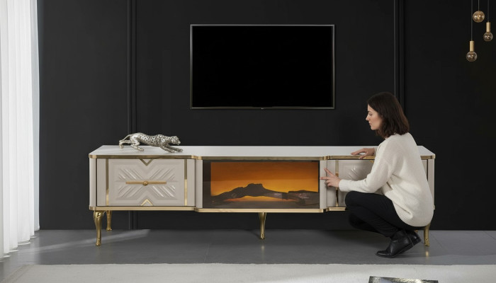 Woonkamer dressoir wit + goud Kamin Luxe RTV Lowboard Exclusief
