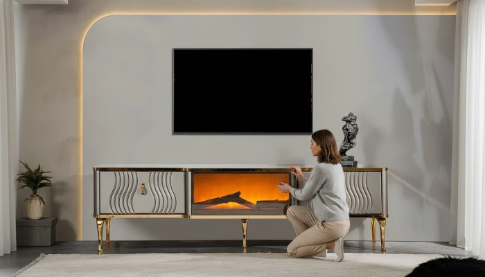 Wit TV-audio-meubel met gouden MDF-spaanplaat + metalen woonkamer TV-meubels