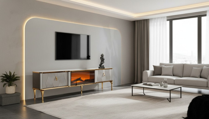 Wit TV-audio-meubel met gouden MDF-spaanplaat + metalen woonkamer TV-meubels