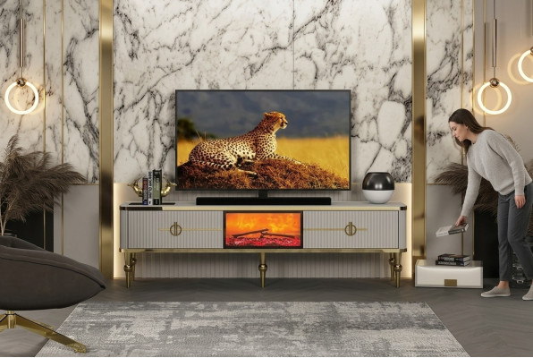 Woonkamer tv-lowboard van hoogwaardige materialen MDF metaal wit + goud