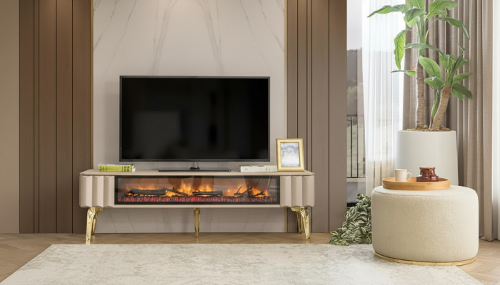 Sideboard RTV woonkamer luxe meubels open haard Beige MDF metaal Lowboard