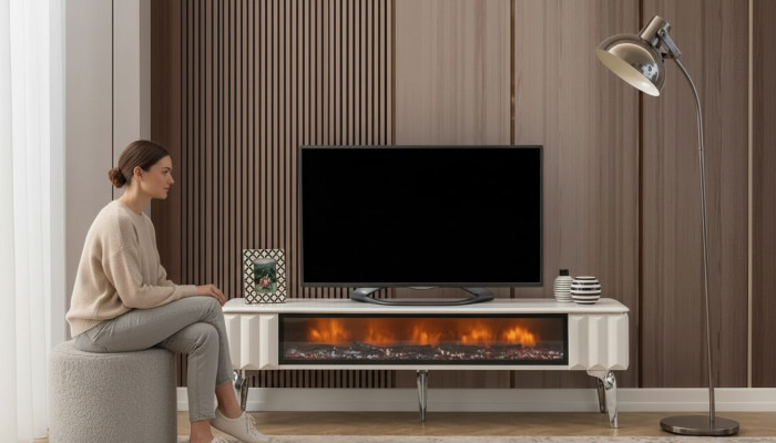 TV-meubel wit spaanplaat metaal luxe meubilair open haard woonkamer nieuw