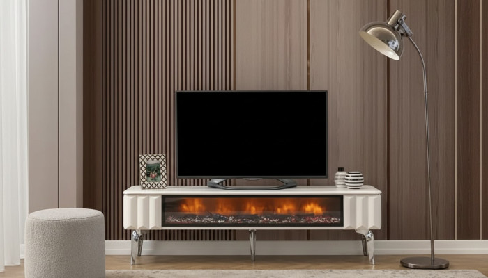 TV-meubel wit spaanplaat metaal luxe meubilair open haard woonkamer nieuw