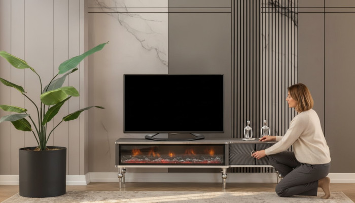 TV-meubel open haard metaal hout MDF spaanplaat luxe meubels nieuw wit RTV