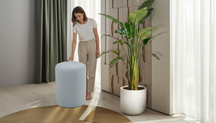 Luxe poef met witte textielbekleding en MDF-frame Nieuw