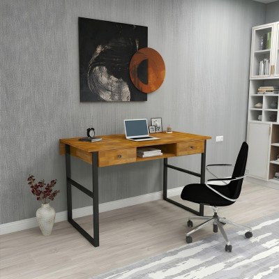 Bruine houten tafel met 2 laden, design kantoormeubilair luxe bureau.