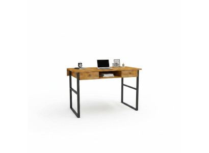 Bruine houten tafel met 2 laden, design kantoormeubilair luxe bureau.