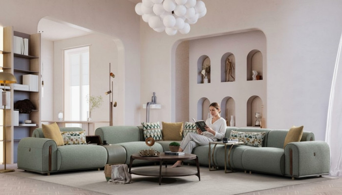 Lichtgroene stoffen bank woonkamer L-vormige hoekbank designer meubelstukken