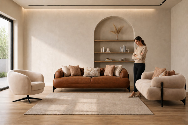 Bruin-witte woonkamer bankstel exclusieve driezitsbanken fauteuils.