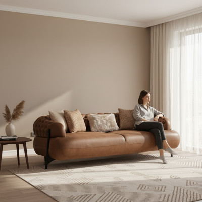 Bruine Chesterfield-driepersoonsbank woonkamer gestoffeerde bank moderne meubels