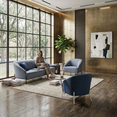 Grijs-blauwe bankstel designer gestoffeerde banken moderne 2-zitter fauteuil.