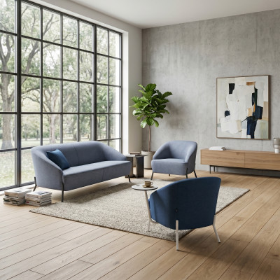 Grijs-blauwe bankstel designer gestoffeerde banken moderne 2-zitter fauteuil.
