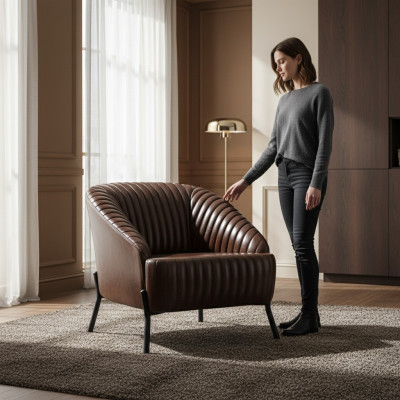 Bruine fauteuil ontwerper woonkamer relaxstoel leer eenzitter meubels