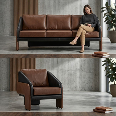 Bruin-zwart leren zithoek stijlvolle driezitter fauteuil 2-delig