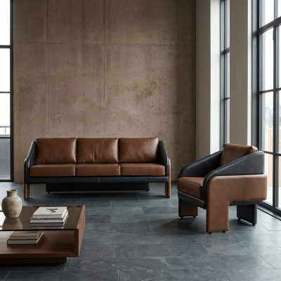 Bruin-zwart leren zithoek stijlvolle driezitter fauteuil 2-delig