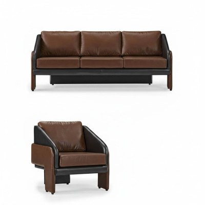 Bruin-zwart leren zithoek stijlvolle driezitter fauteuil 2-delig