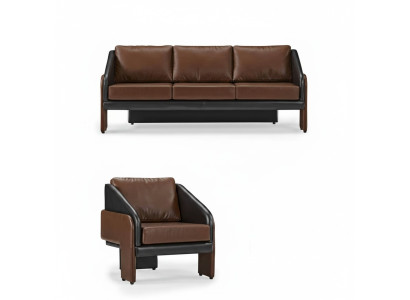 Bruin-zwart leren zithoek stijlvolle driezitter fauteuil 2-delig