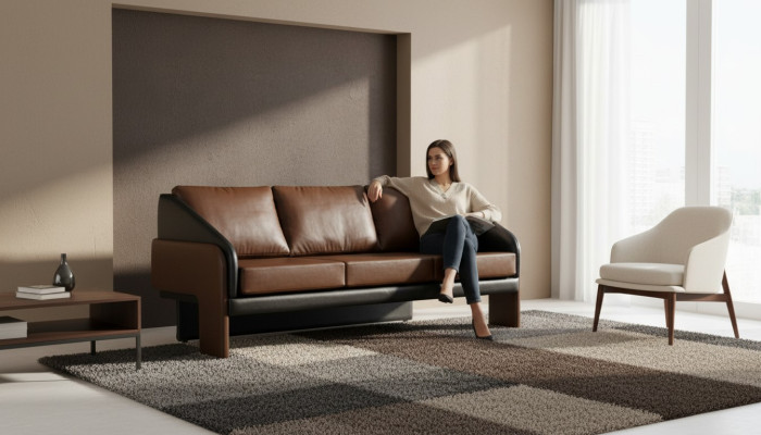 Bruin-zwarte driezits exclusieve gestoffeerde meubels designer leren bank.