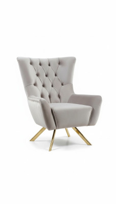 Chesterfield lichtgrijze gestoffeerde fauteuil woonkamer stoel roestvrijstalen poten