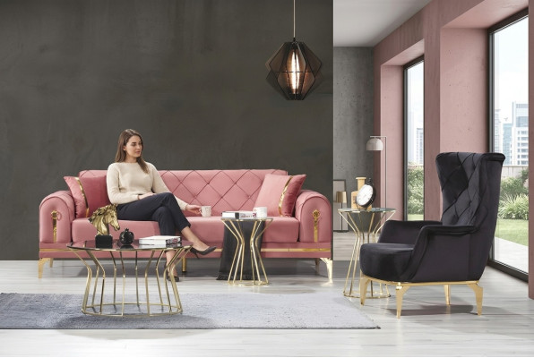 Chesterfield Rosa Roestvrij Staal Bank Moderne Beklede Bank Luxe Driezitter