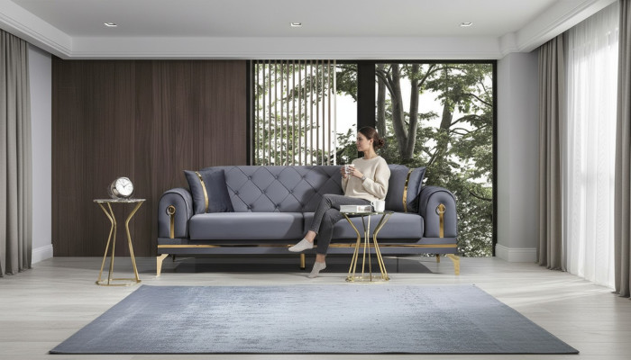 Chesterfield grijze stoffen bank Designer woonkamer driezits textiel 3-zits