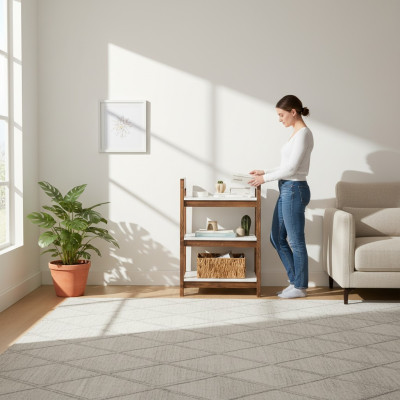 Bruin-witte boekenplank, boekentafel, houten meubels, kinderboekenplanken, kantoor meubels