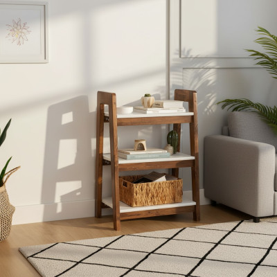Bruin-witte boekenplank, boekentafel, houten meubels, kinderboekenplanken, kantoor meubels