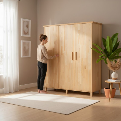 Beige Slaapkamer Elegante Kledingkast Designer 3-deurs Houten Kasten.