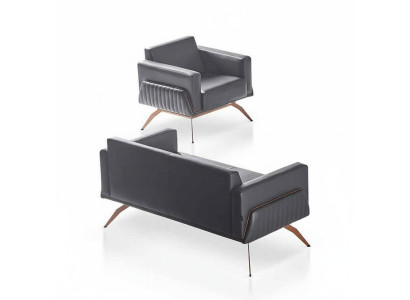 Werkruimte-set, 2-delig, 2-zits bank met fauteuil, grijs effen, woonkamer.