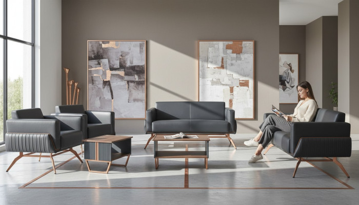 Kantoorhuisset 5-delig 2x 2-zits 2x fauteuil salontafel grijs effen