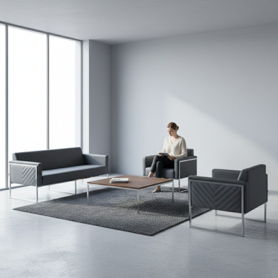 Werkplaatsset 3-delig, 3-zits met 2x fauteuils, grijs effen modern stijl