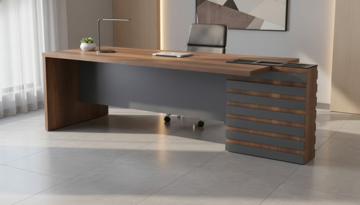 Bureau bruin grijs tweekleurig modern design kantoor rechthoekig