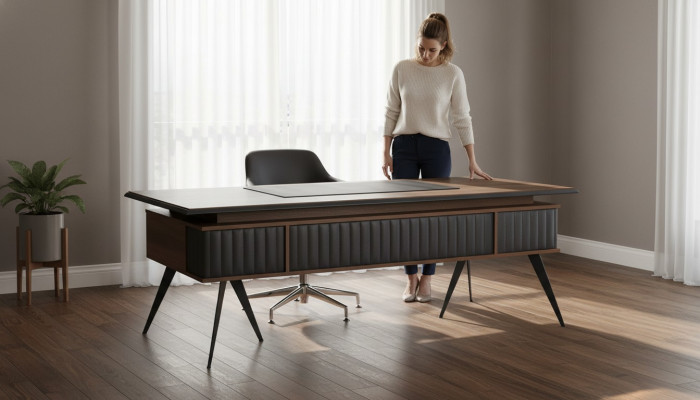 Bureau rechthoekig vorm bruin grijs tweekleurig met lades modern
