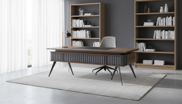 Bureau rechthoekig vorm bruin grijs tweekleurig met lades modern